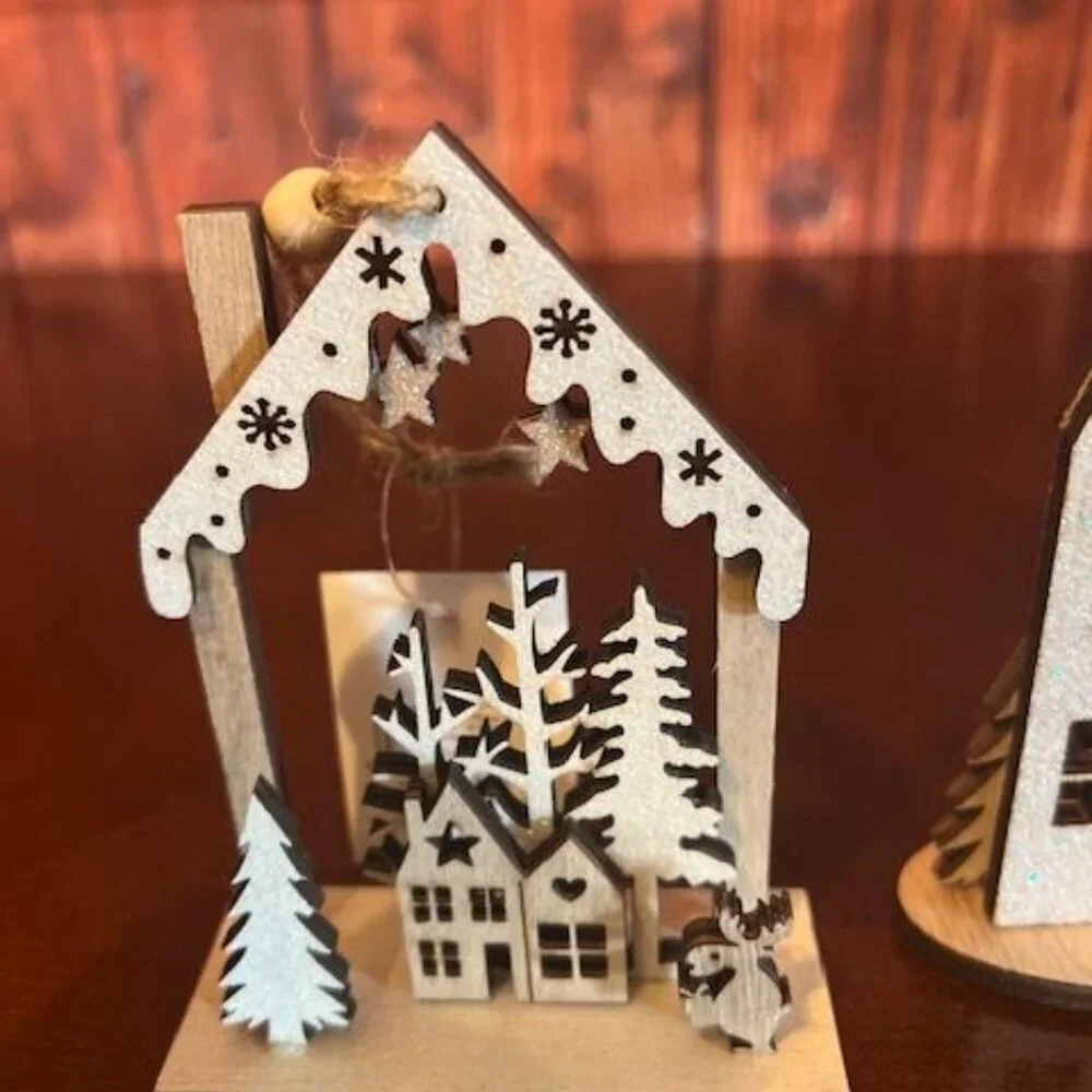 Set Of 4 Wooden Christmas House christmas Ornaments With Reindeer , Snowman,moon